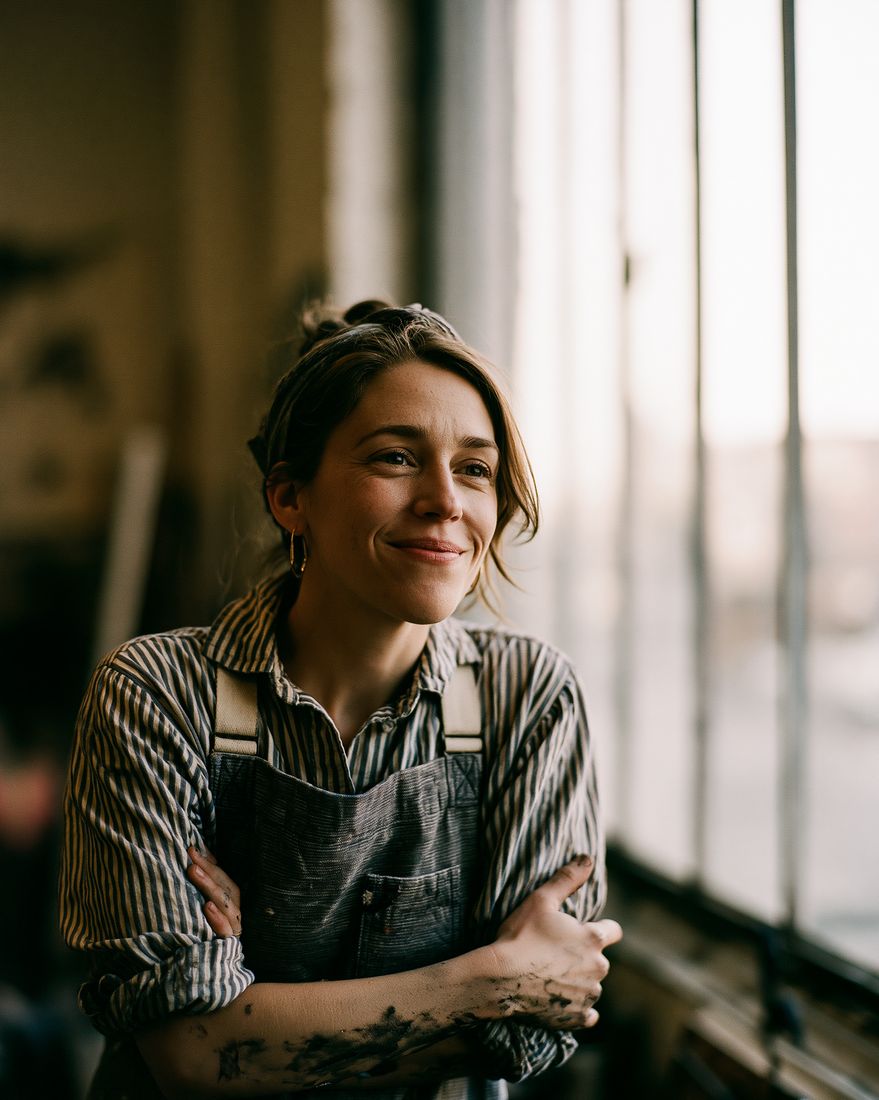 A craftswoman in an apron, arms crossed, in her studio