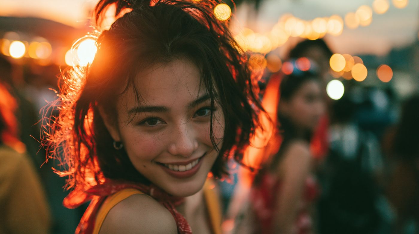 A smiling woman at an evening festival