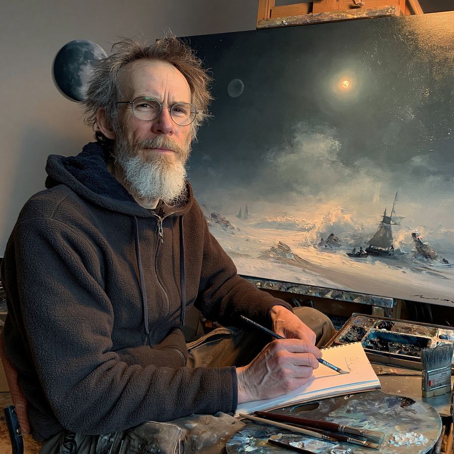 An older painter sketching in front of his canvas